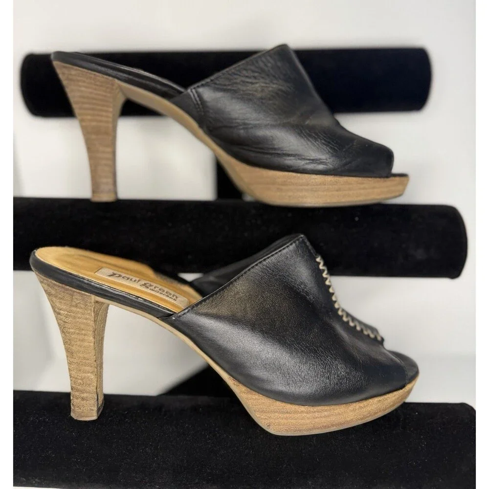 Paul Green Munchen Womens Sandals Mules Black Leather Slide Peep Toe Clogs 5.5